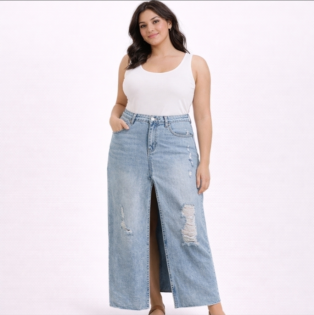 PTCL Distressed Denim Maxi Skirt